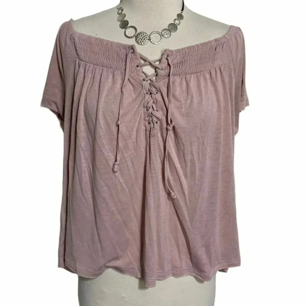 American Eagle Lace Up Top Large Pink Smocked Off Shoulder Boho Short Sleeve